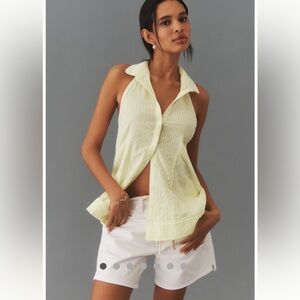 Anthropologie Halter Swing Blouse Yellow Striped NWT XXS Button Up